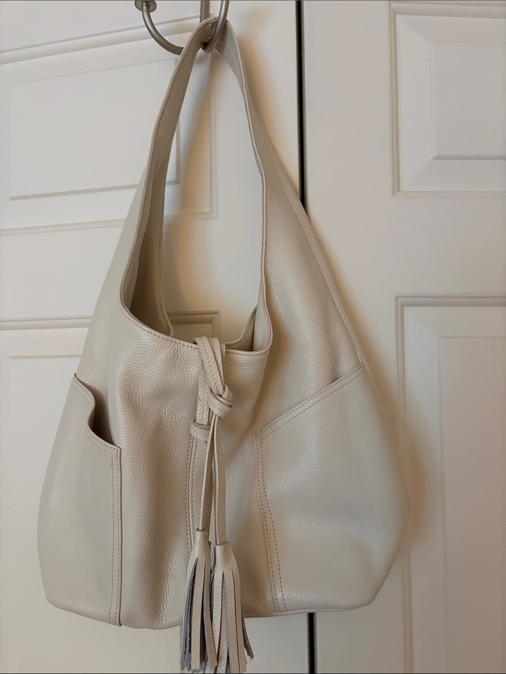 Laggo Soft Cream Leather Shoulder Hobo with Tassel Detail